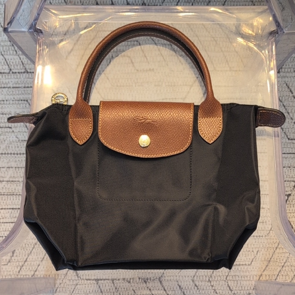 Longchamp Small Tote in Black with Brown Leather Trim Le Pliage